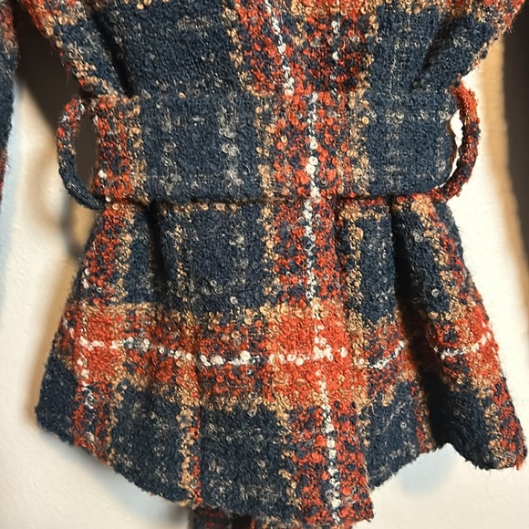 Anthropologie Tabitha Blue Waist Tie Tweed Ruffle Collar Plaid Wool Blazer Sze 0 - Picture 4 of 16